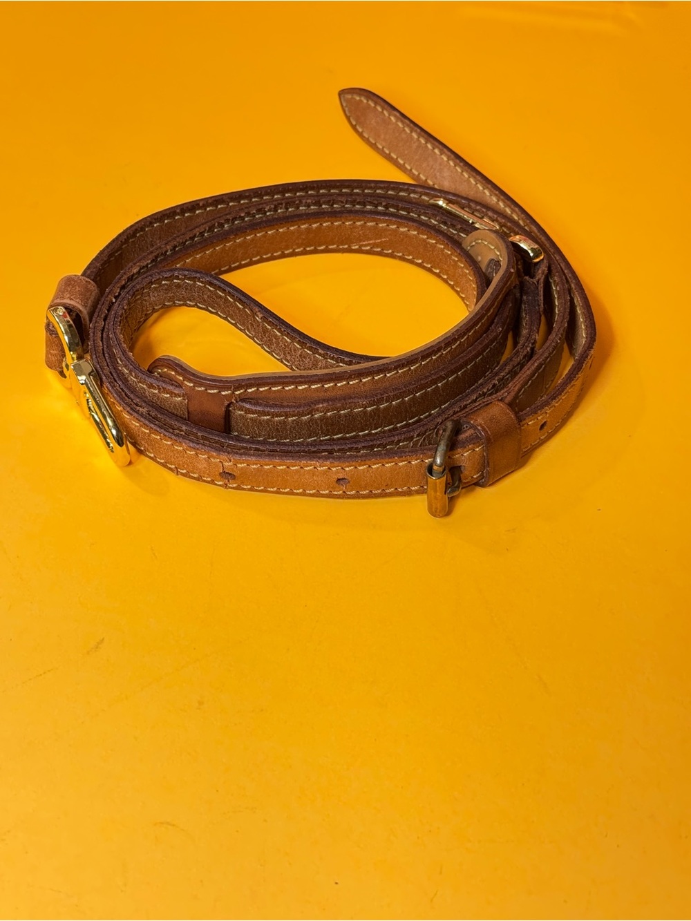 Adjustable Tan Leather Bag Strap with Gold Hardware - Picture 4 of 9
